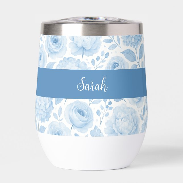 Blue White Watercolor Floral Monogram Name (Front)