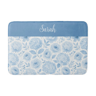 Blue White Watercolor Floral Monogram Name Bath Mat