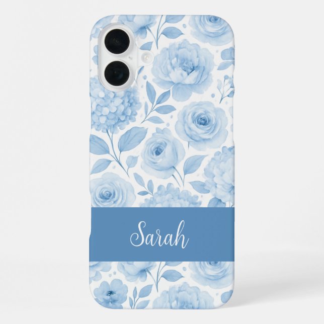 Blue White Watercolor Floral Pattern Name iPhone Case (Back)