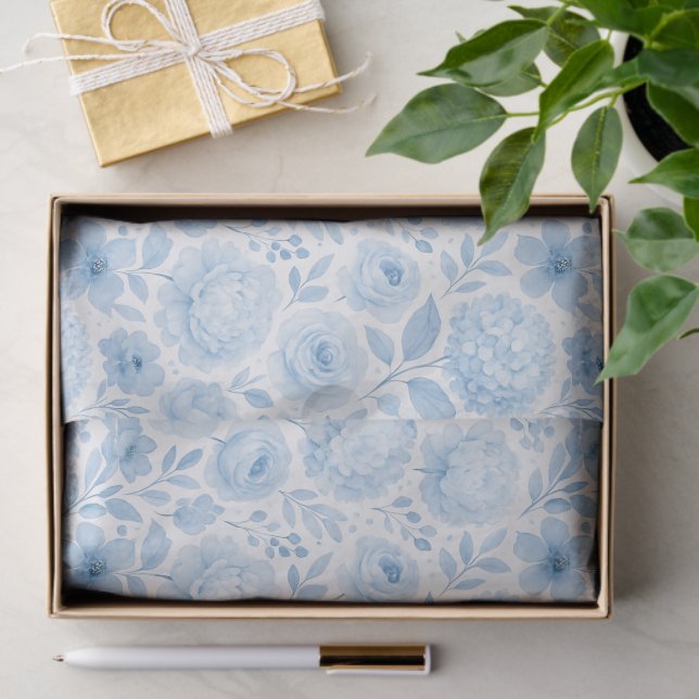 Blue White Watercolor Floral Pattern Tissue Paper (Gift)