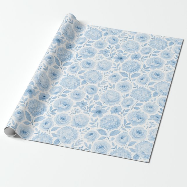 Blue White Watercolor Floral Pattern Wrapping Paper (Unrolled)