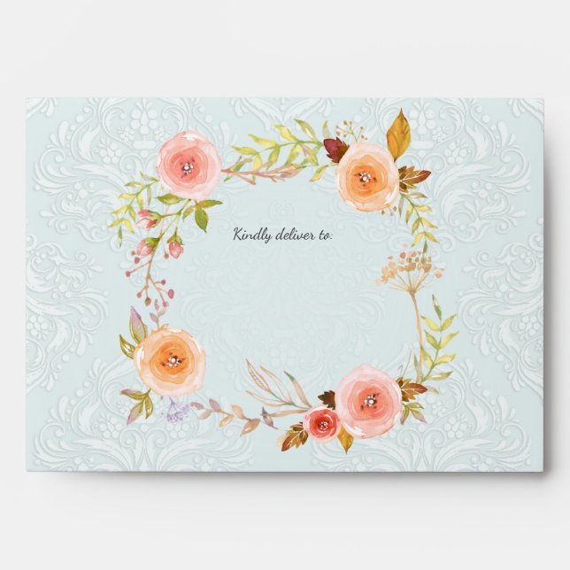 Blue White Watercolor Floral Wreath Bridal Shower Envelope (Front)