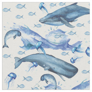 Blue   White Watercolor Ocean Marine Life Pattern Fabric