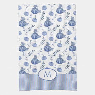 Blue White Watercolor Pumpkin Patch Pattern Kitchen Towel