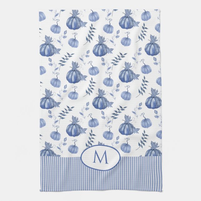 Blue | White Watercolor Pumpkin Patch Pattern Kitchen Towel (Vertical)