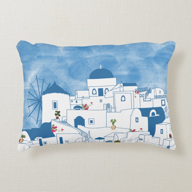 Blue & White Watercolor Santorini Greece Accent Pillow (Front)