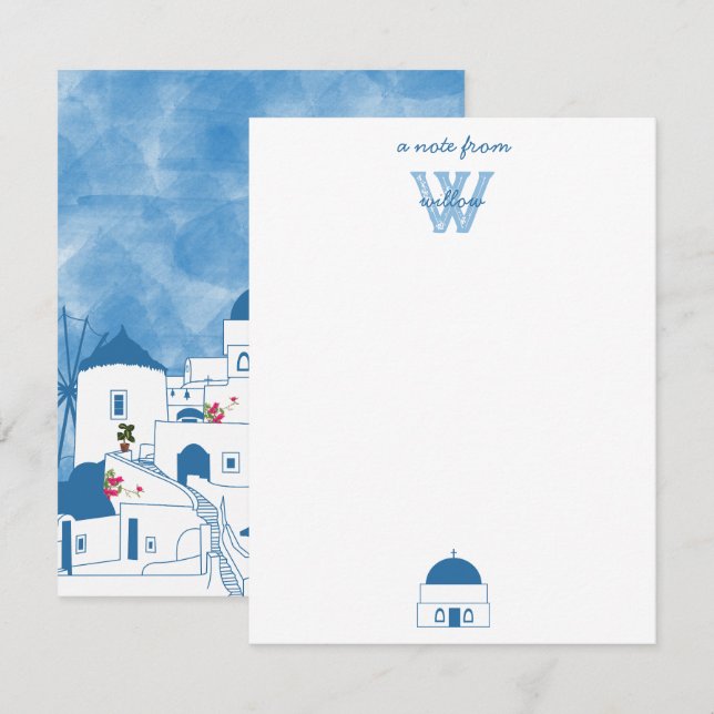 Blue & White Watercolor Santorini Greece Card (Front/Back)