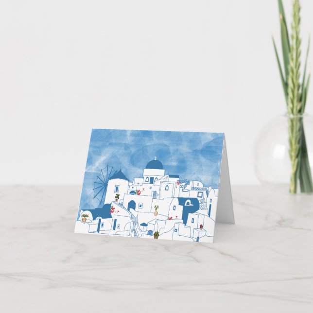 Blue & White Watercolor Santorini Greece Card (Front)