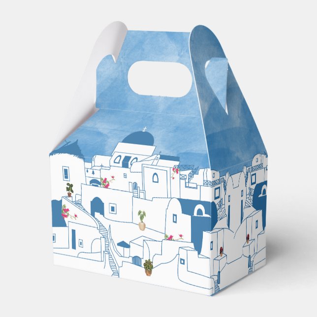 Blue & White Watercolor Santorini Greece Favor Box (Front Side)