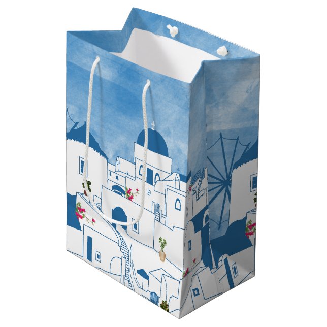 Blue & White Watercolor Santorini Greece Medium Gift Bag (Front Angled)