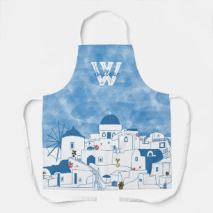 Blue & White Watercolor Santorini Greece Monogram Apron