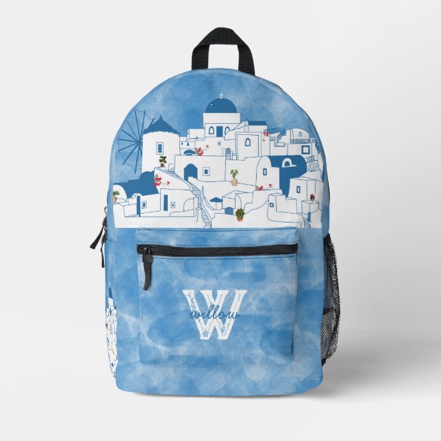 Blue & White Watercolor Santorini Greece Monogram Printed Backpack (Front)