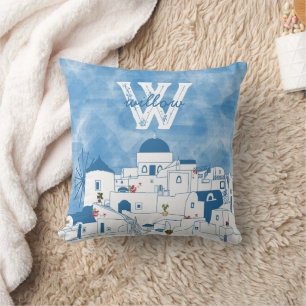 Blue & White Watercolor Santorini Greece Monogram Throw Pillow