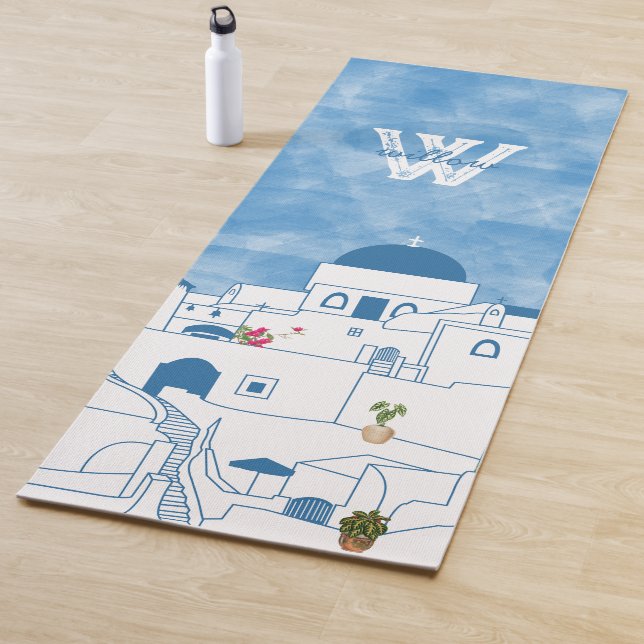Blue & White Watercolor Santorini Greece Monogram Yoga Mat (In Situ)