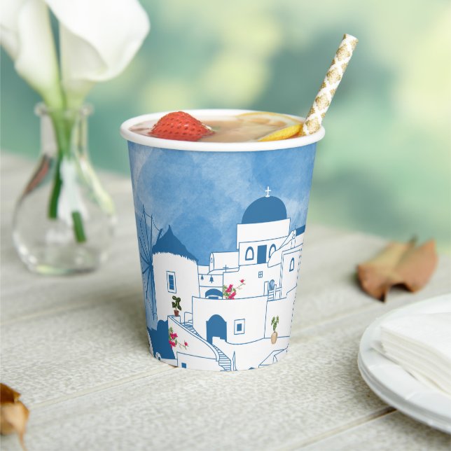 Blue & White Watercolor Santorini Greece Paper Cups (Insitu)