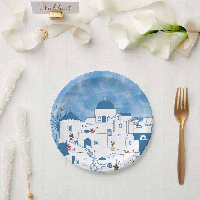 Blue & White Watercolor Santorini Greece Paper Plate (Wedding)