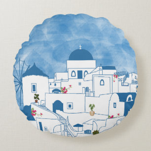 Blue & White Watercolor Santorini Greece Round Pillow