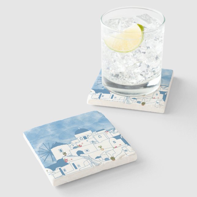 Blue & White Watercolor Santorini Greece Stone Coaster (Side)