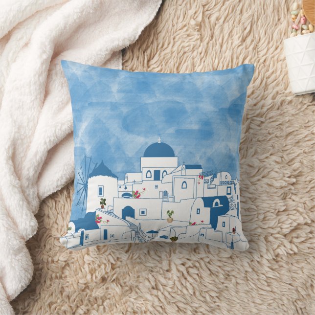 Blue & White Watercolor Santorini Greece Throw Pillow (Blanket)