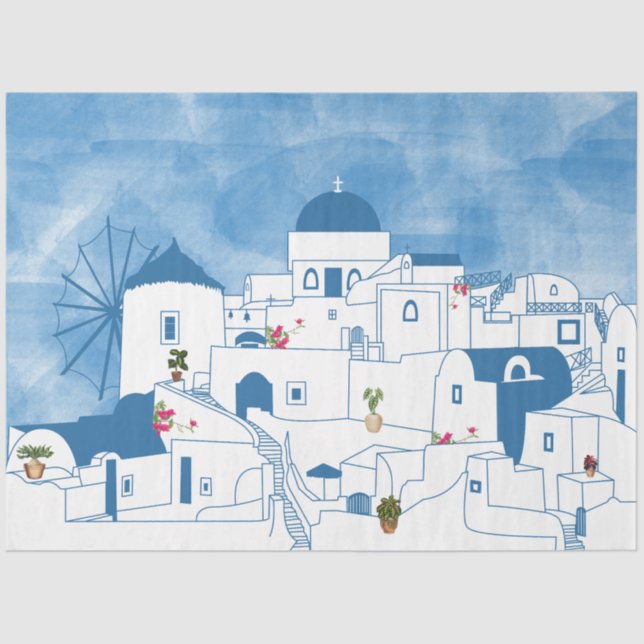 Blue & White Watercolor Santorini Greece Tissue Paper (Front)