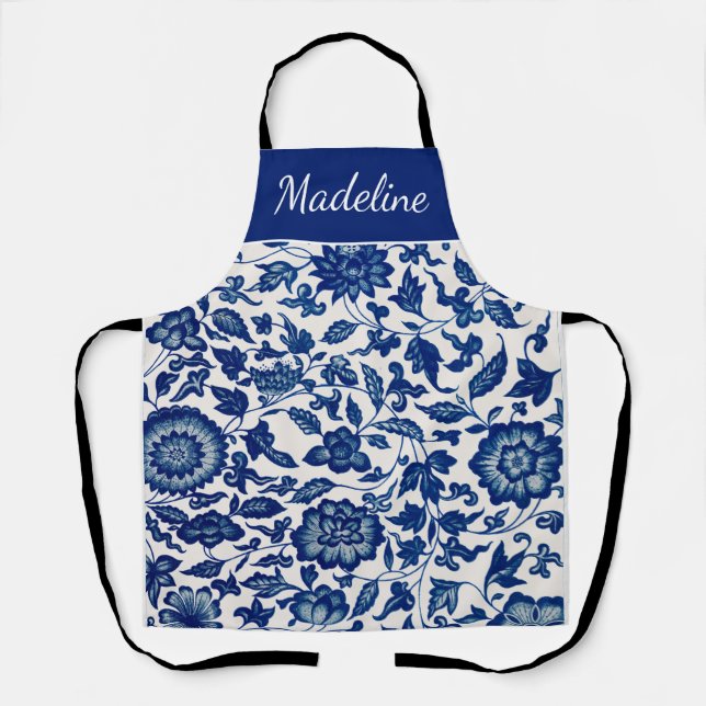 Blue White Watercolor Wildflower Custom Name Apron (Front)