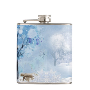BLUE & WHITE WATERCOLOR WINTER SCENES HIP FLASK
