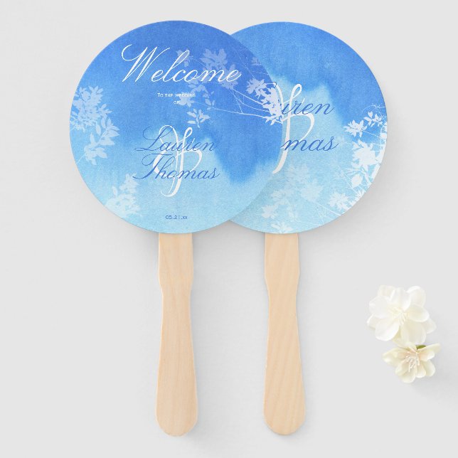 Blue & White Watercolour Delicate Foliage Hand Fan (Front and Back)