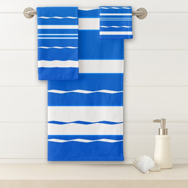 Blue White Wave Nautical Bath Towel Set (A modern striped nautical bathroom towel set with elegant waves in fresh navy blue and white colors.)
