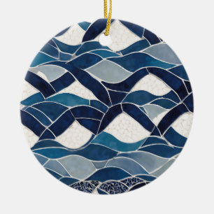 Blue White Wave Pattern 01 Ceramic Ornament