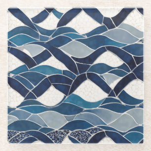 Blue White Wave Pattern 01 Glass Coaster