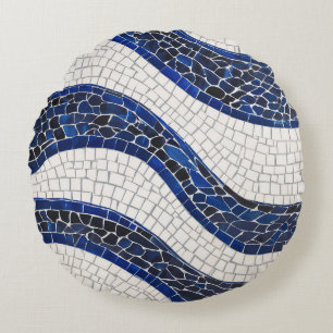 Blue White Wave Pattern 04 Round Pillow