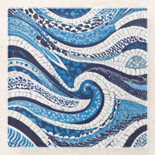 Blue White Wave Pattern 05 Glass Coaster