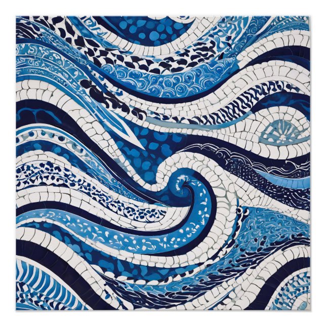Blue White Wave Pattern 05 Poster (Front)