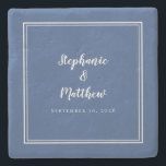 Blue White Wedding Bride & Groom Elegant Simple Stone Coaster<br><div class="desc">The newlyweds are certain to love this simple, minimalist and chic stone wedding coaster features a modern design with a double framed border in crisp white on a trendy classic blue background. This modern simple design provides timeless, classic sophistication. Personalize names of couple and event date in elegant white lettering...</div>
