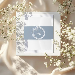 Blue White Wedding Monogram Floral Invitation Belly Band