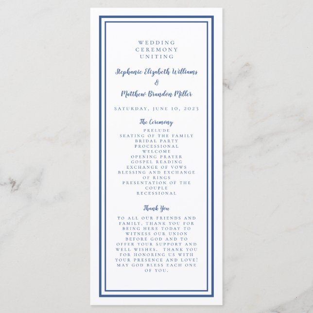 Blue & White Wedding Service Ceremony Minimalist P Program (Front)