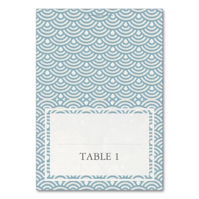Blue + White Wedding Wave Pattern Place Name Card (Front)
