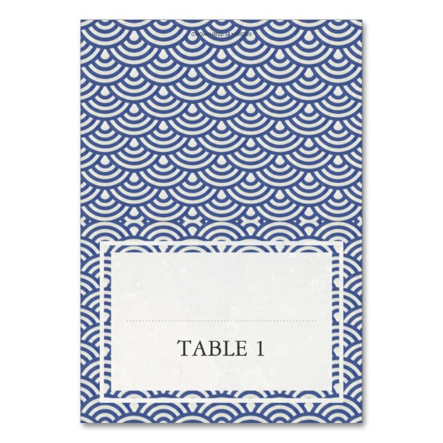 Blue + White Wedding Wave Pattern Place Name Card (Front)