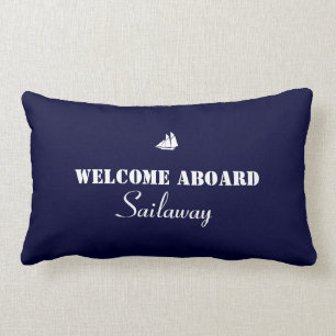 Blue White Welcome Aboard Boat Nautical Lumbar Pillow