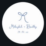 Blue & White Whimsical Bow Personalized Wedding  Classic Round Sticker<br><div class="desc">Blue & White Whimsical Hand Drawn Bow Wedding Stickers. Personalize with your names and wedding date in blue handwritten style font.</div>