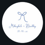 Blue & White Whimsical Bow Personalized Wedding  Classic Round Sticker<br><div class="desc">Blue & White Whimsical Hand Drawn Bow Wedding Stickers. Personalize with your names and wedding date in blue handwritten style font.</div>