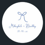 Blue & White Whimsical Bow Personalized Wedding  Classic Round Sticker<br><div class="desc">Blue & White Whimsical Hand Drawn Bow Wedding Stickers. Personalize with your names and wedding date in blue handwritten style font.</div>