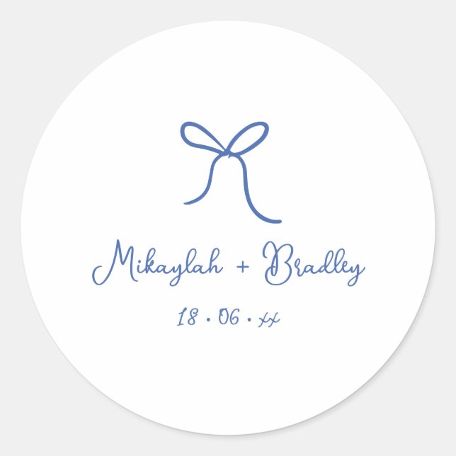 Blue & White Whimsical Bow Personalized Wedding  Classic Round Sticker (Front)