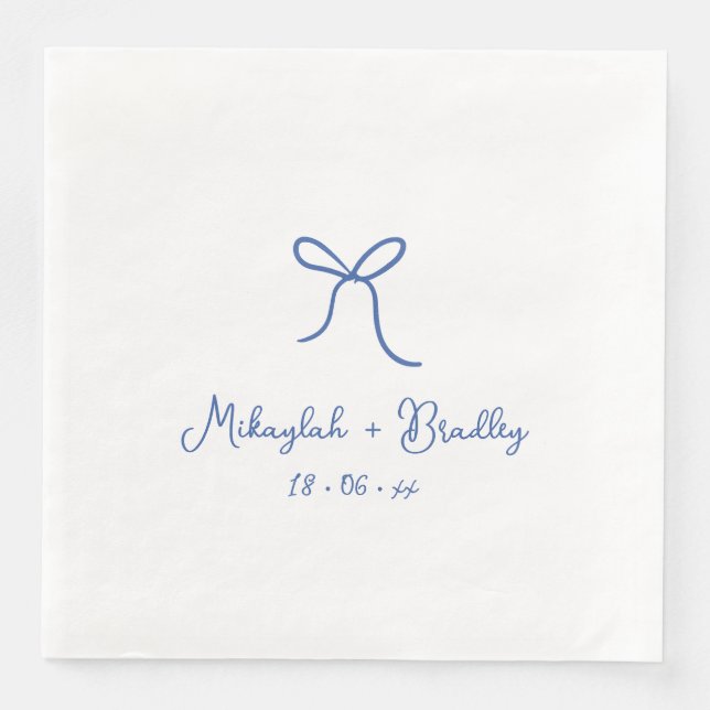 Blue & White Whimsical Bow Personalized Wedding  Napkin (Front)