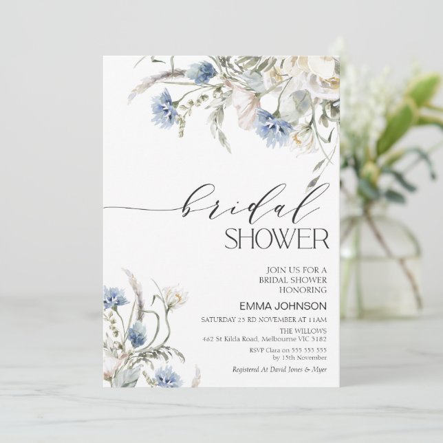 Blue White Wildflower Floral Bridal Shower Invitation (Standing Front)