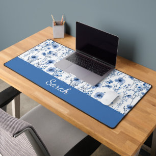 Blue White Wildflower Floral Monogram Name Desk Mat
