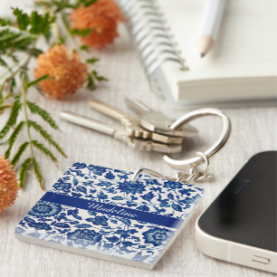 Blue White Wildflower French Country Chinoiserie Keychain
