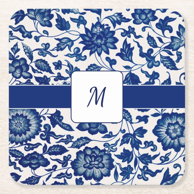 Blue White Wildflower French Country Custom Name Square Paper Coaster (Front)