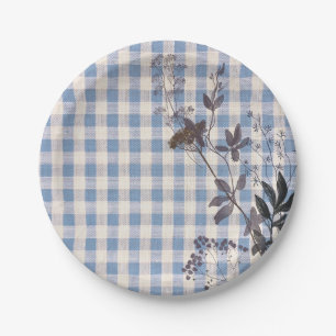 Blue White Wildflower Gingham Plaid Farmhouse Paper Plate