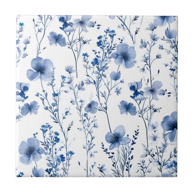 Blue White Wildflower Watercolor Floral Pattern Tile (Front)